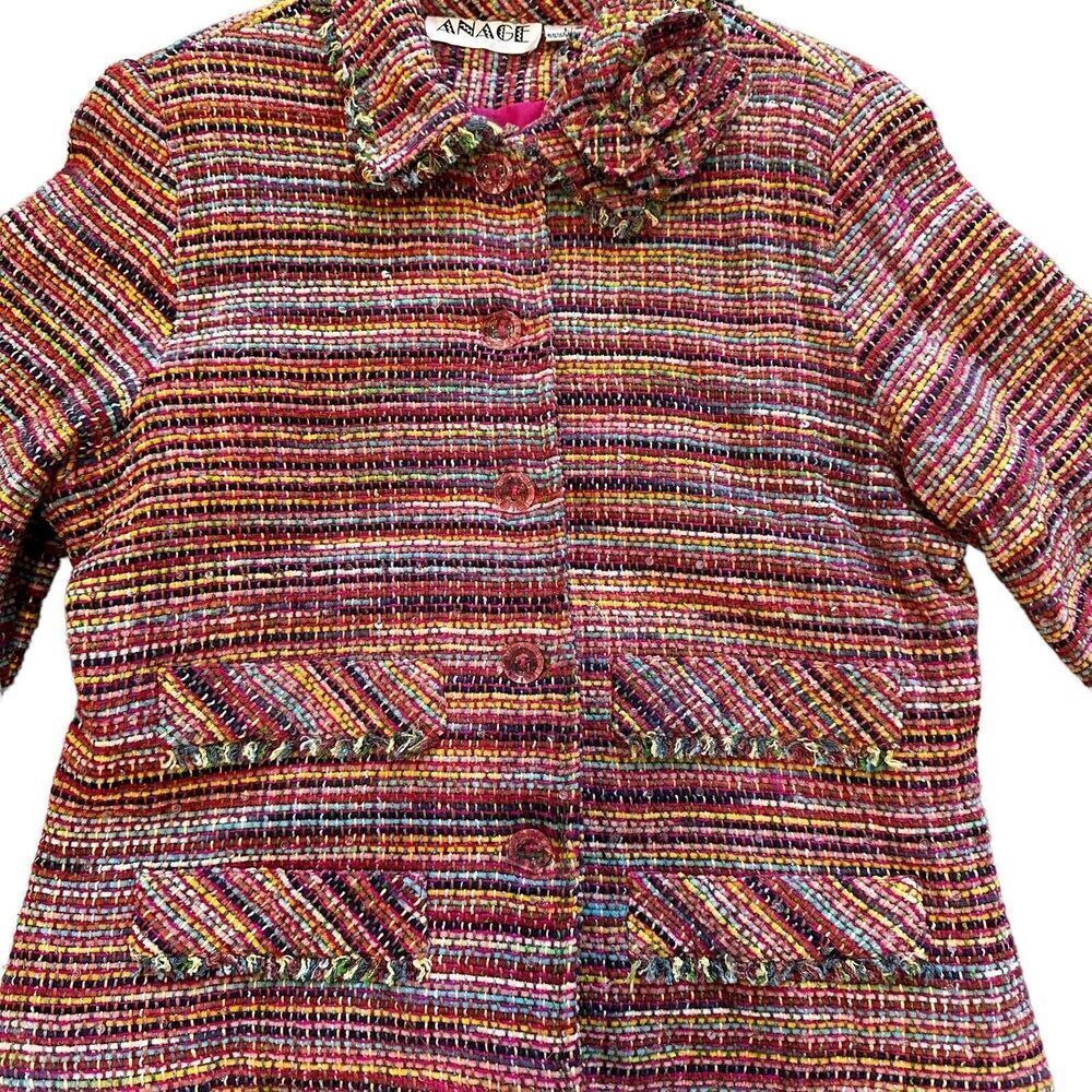 Vintage Anage Pink Colorful Tweed Blazer Jacket Size Large Rainbow Flower Fringe - Picture 3 of 15